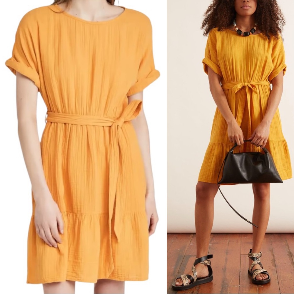LN Xirena Aiden Crinkly Gauze Tie Waist Belted Mini Dress in Sun - S